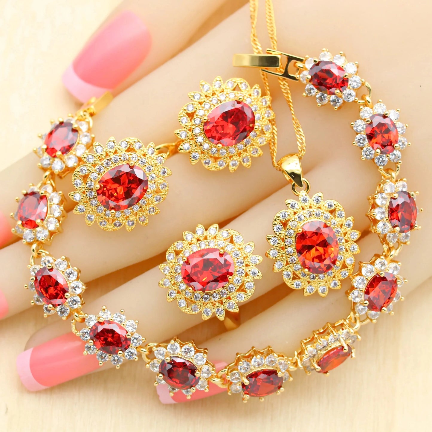 6 / Red 4pcs Luxury zircon jewelry 18k Gold Jewelry Sets for Women Earrings Necklace Pendant Ring Bracelet Wedding Gift