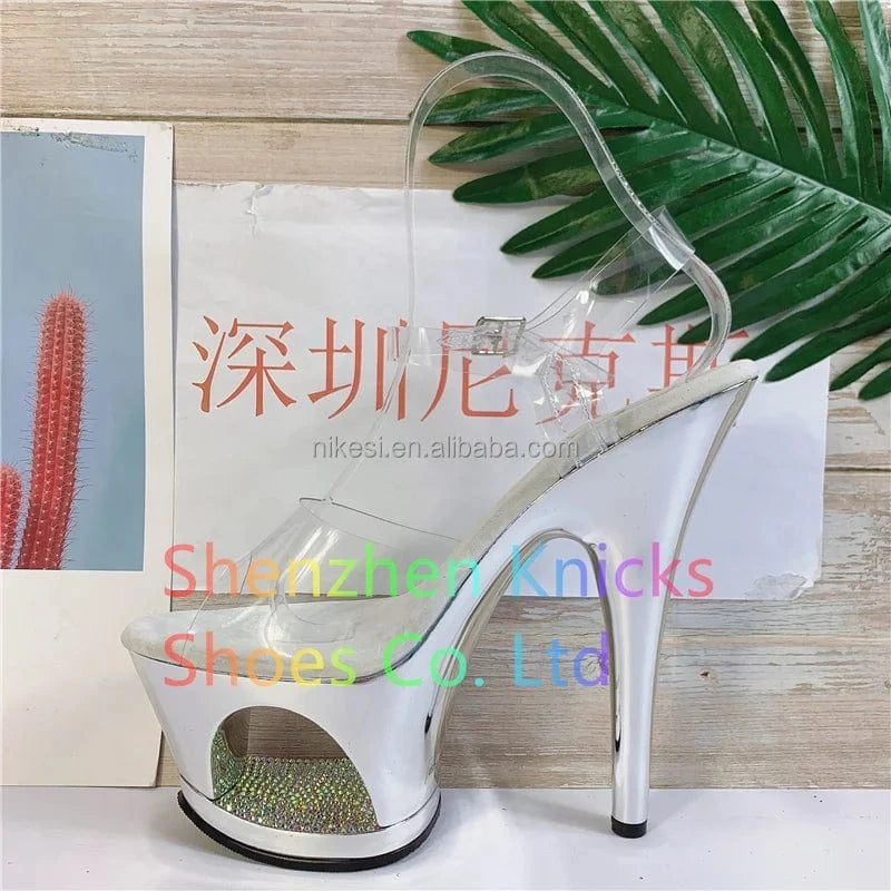 6 / silver 7inch-17cm Flat Sandals high heel flash water drill hollow out waterproof platform sexy nightclub platform steel Heeled Sandals