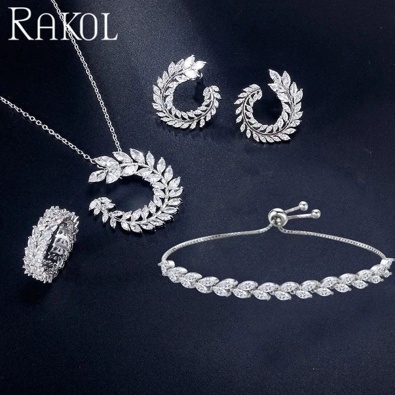 6 / SP3074-White gold RAKOL SP3074 New Design 4PCS Leaf Cubic Zircon Necklace Earrings Bracelets And Rings Sets 925 Sterling Silver Jewelry Set Women