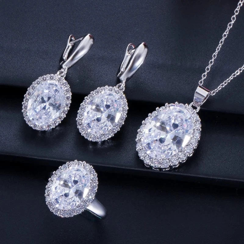 6 / T0005 3 Piece Gorgeous Oval Round Cut Cubic Zircon Crystal Earring Necklace and Ring Set for Women Engagement Wedding Party Jewelry