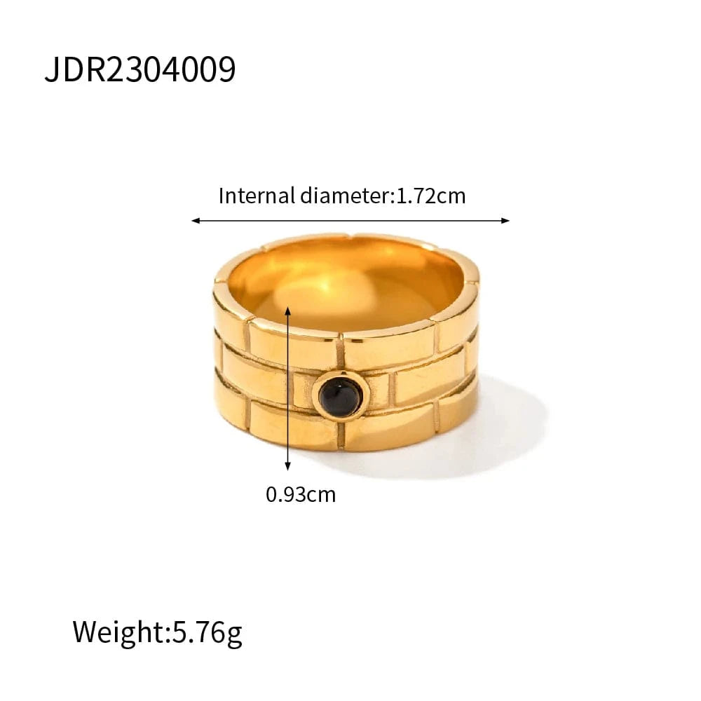 6 / Trendy / R1915 R1915 Wide Black Onyx Stone Ring 18k PVD Stainless Steel Texture Band Chunky Ring Gorgeous Gold For Women