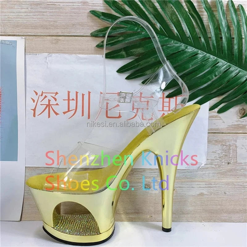 6 / Yellow 7inch-17cm Flat Sandals high heel flash water drill hollow out waterproof platform sexy nightclub platform steel Heeled Sandals