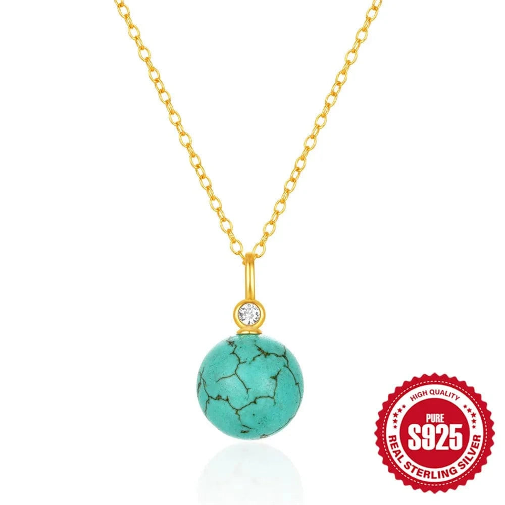 60306751478 gold 2024 new fashion silver necklace real 925 sterling silver spherical turquoise pendant necklace gold plated chain necklaces women