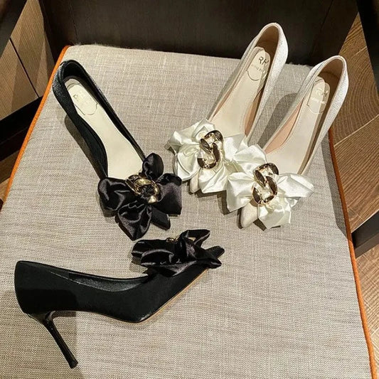 6CM/8CM Officer Wear Zapatos Para Mujer Large Bow Pointed Toe Fashion Pencil 2022 Women Pumps Small Size Heels