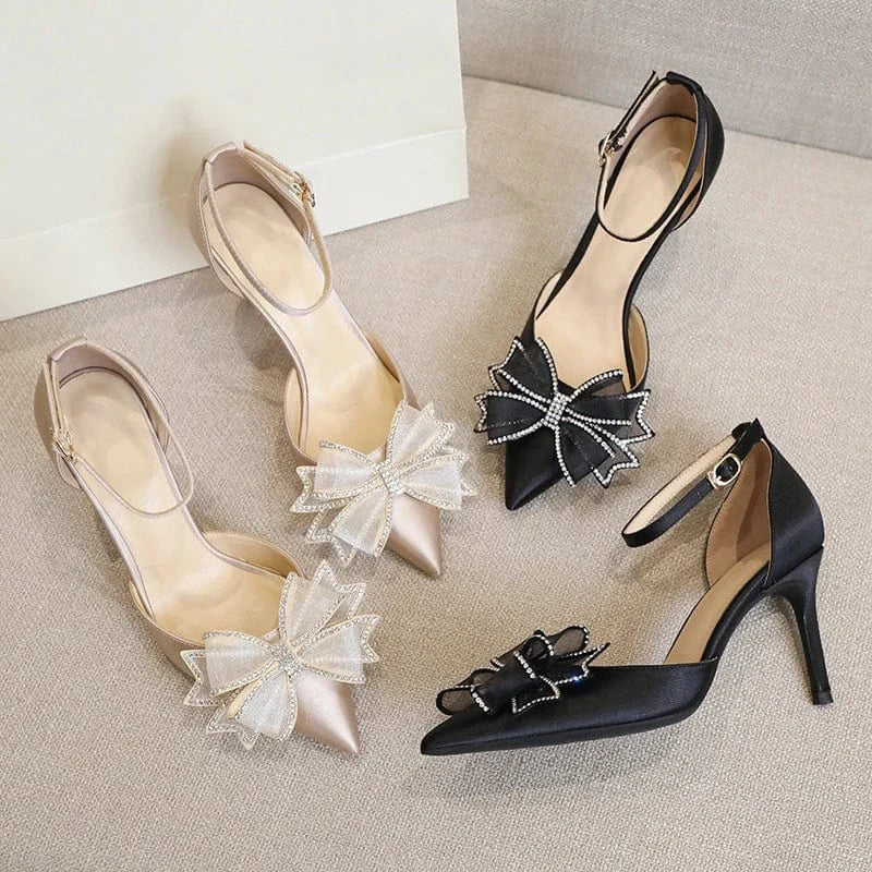 6CM/8CM  Size 31-43 New Arrival  Fancy Bow Rhinestone Buckle Strap Pointed Toe Heels for Ladies