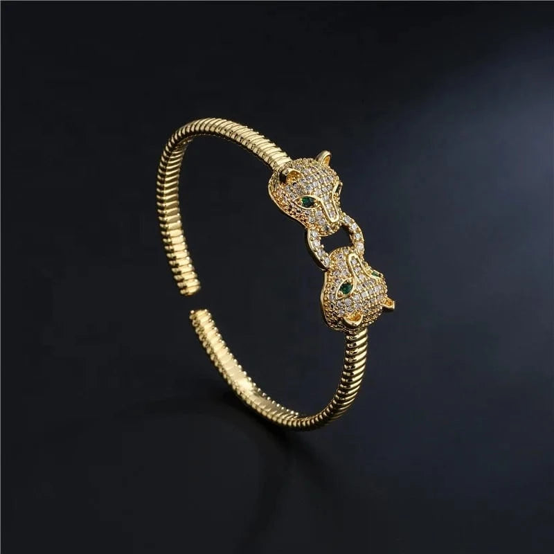 6cm / Gold 2024 shanghai Hot sell Women's Fashion Leopard Head 18K Real Gold Plated Micro Paved Zircon Bracelet Opening Adjustable Cuff Bangle