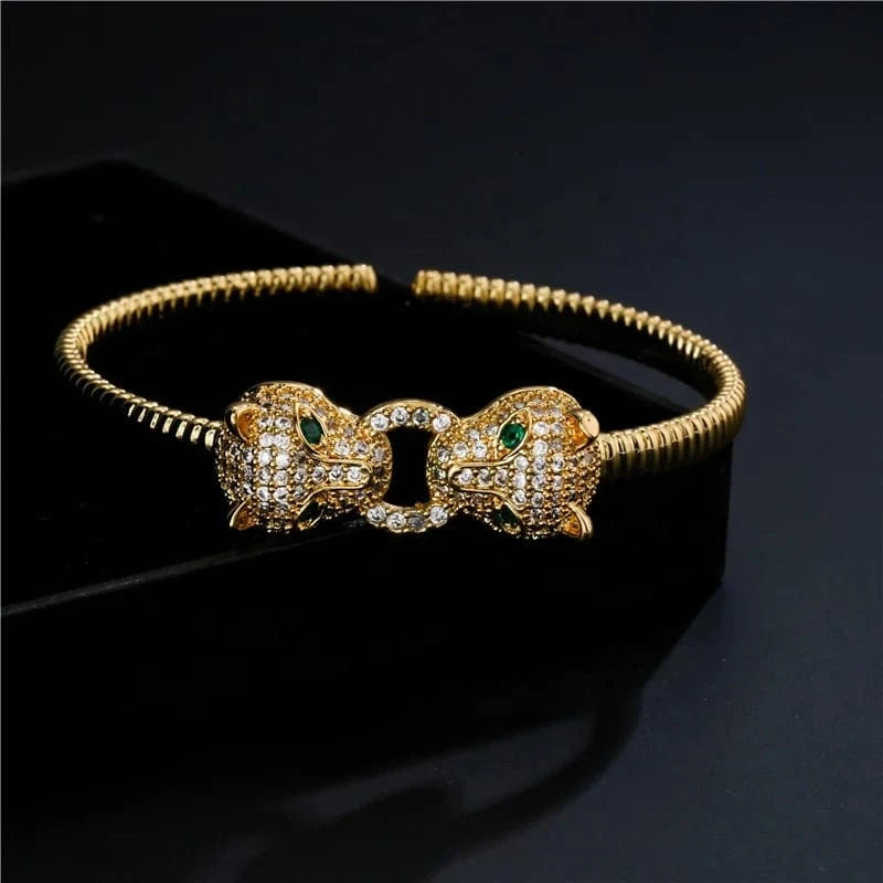 6cm / Gold shanghai Hot sell Women's Fashion Leopard Head 18K Real Gold Plated Micro Paved Zircon Bracelet Opening Adjustable Cuff Bangle