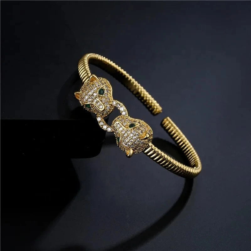 6cm / Gold shanghai Hot sell Women's Fashion Leopard Head 18K Real Gold Plated Micro Paved Zircon Bracelet Opening Adjustable Cuff Bangle