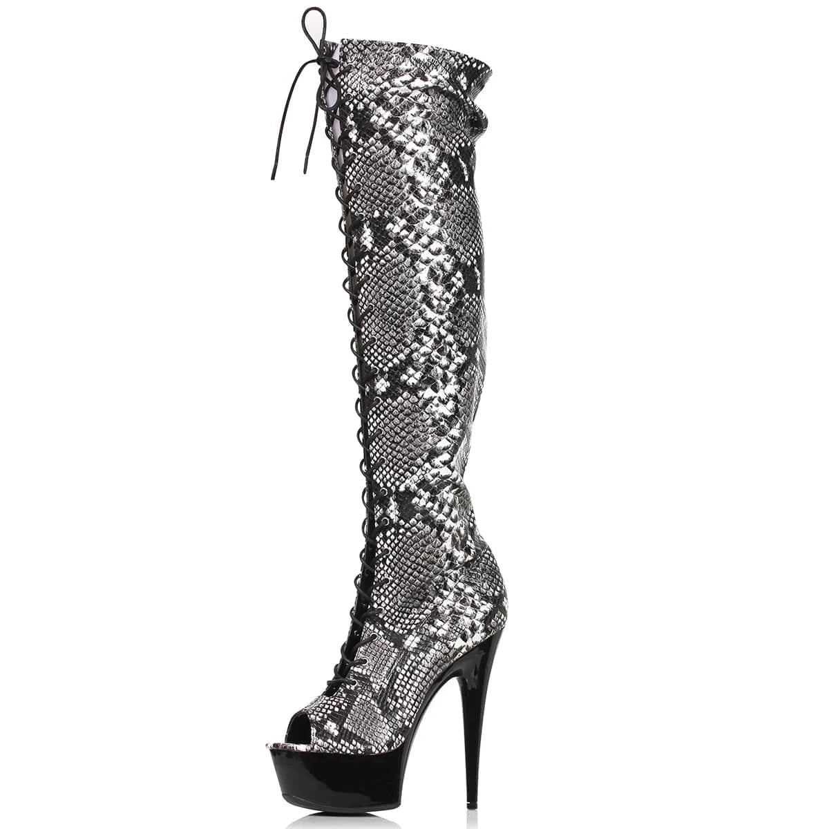 6Inch Exotic Dancer Snake Print Thin Heels Gothic Lace Up Over The Knee Boots 15cm Open Toe Women's Strip Pole Dance Gladiator