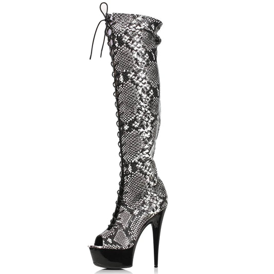 6Inch Exotic Dancer Snake Print Thin Heels Gothic Lace Up Over The Knee Boots 15cm Open Toe Women's Strip Pole Dance Gladiator