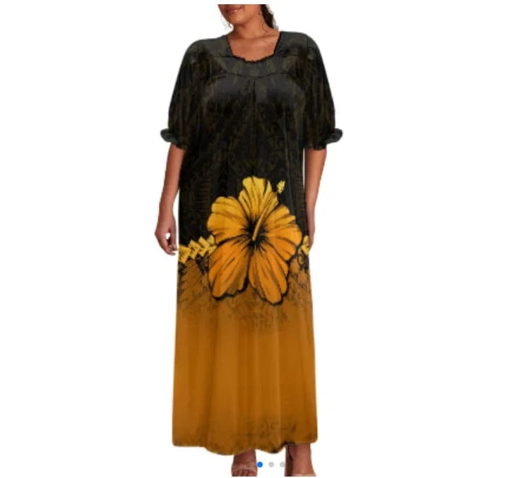 6XL / htb2023-1 brand new 2024 summer beach isalnd casual tribal dress custom design polynesian puff sleeve large size straight long mumu dress