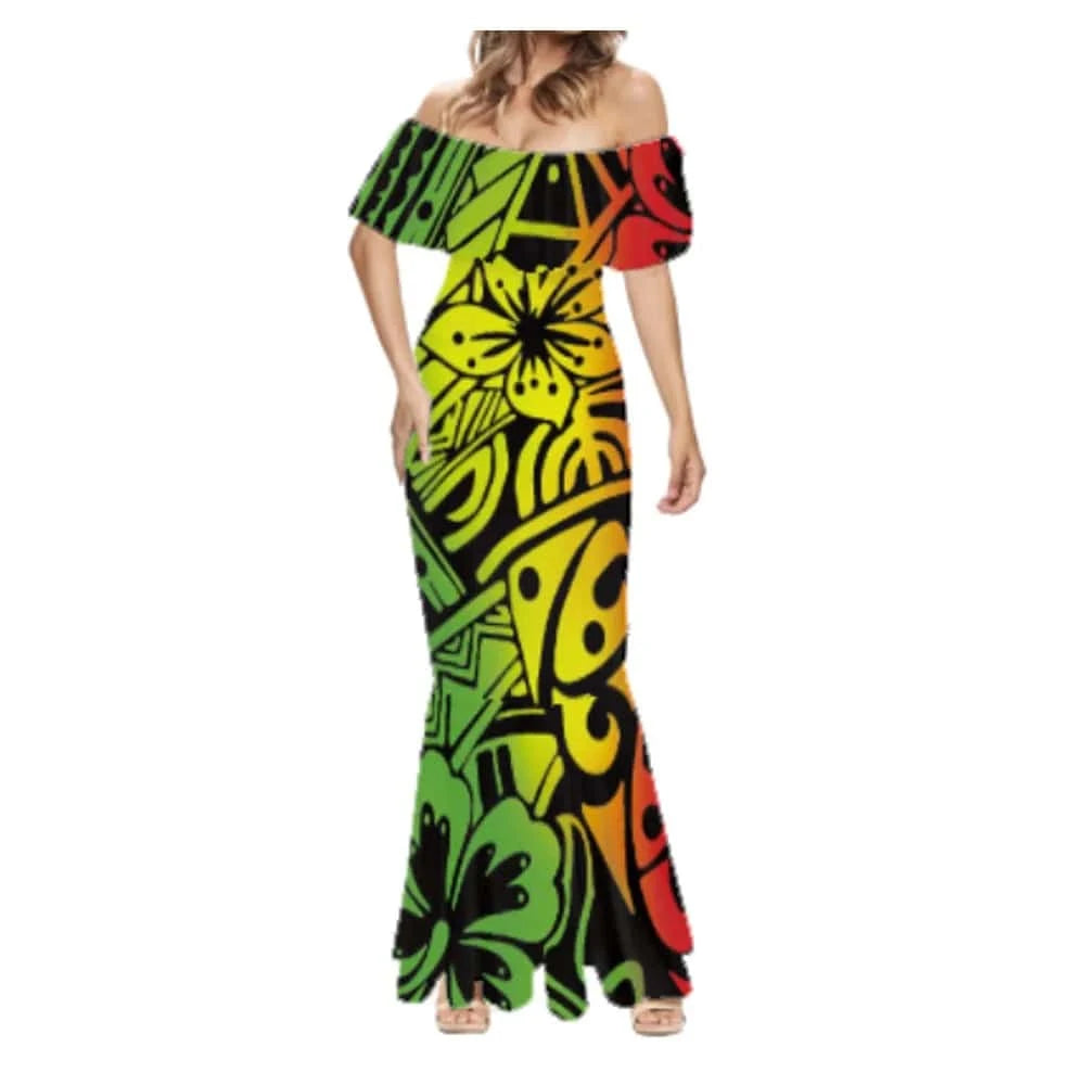 6XL / VBYSFB00287 Elegant Long Party Dresses and Polynesian Tribal Tapa Print Puletasi Dress Pacific Island Print Custom Long Gown Evening Dress