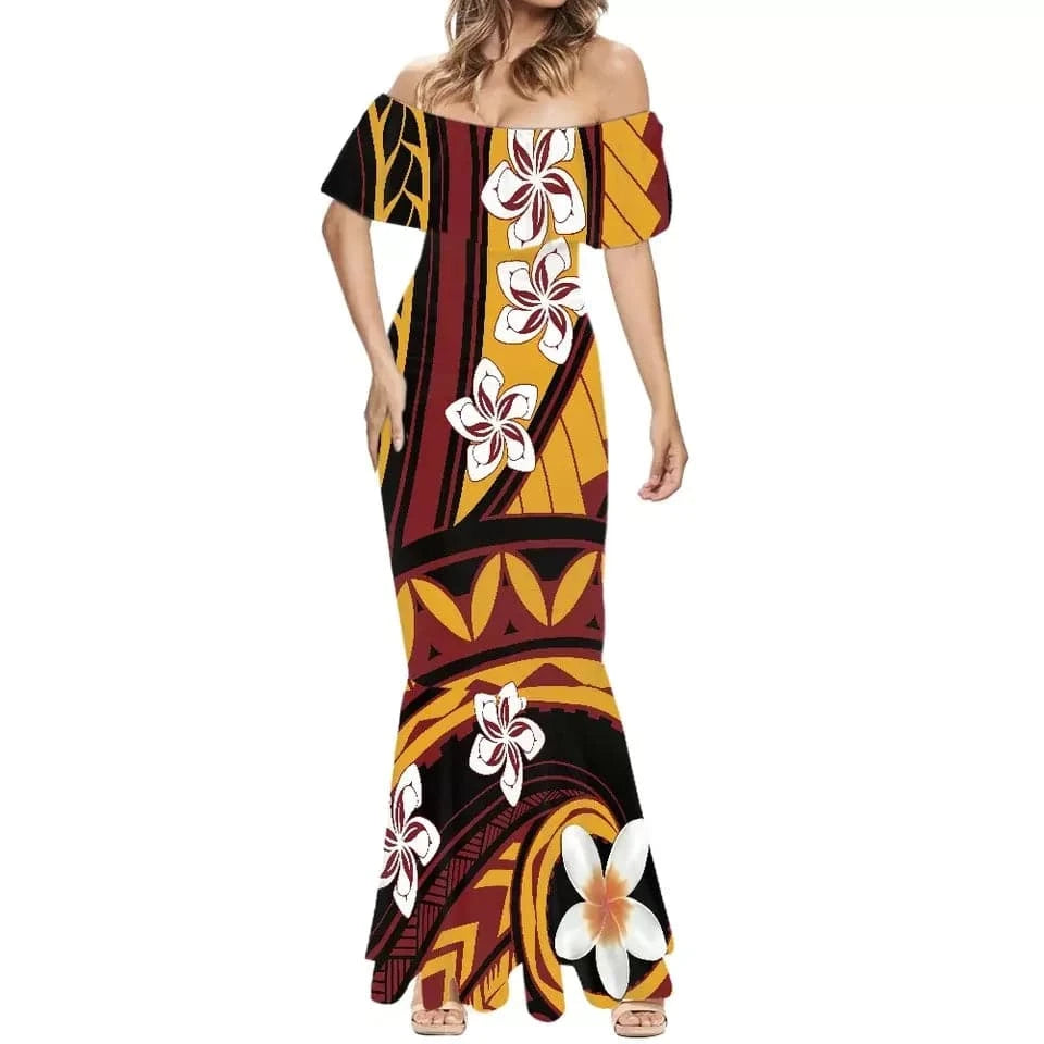 6XL / VBYSFE1761 Elegant Long Party Dresses and Polynesian Tribal Tapa Print Puletasi Dress Pacific Island Print Custom Long Gown Evening Dress