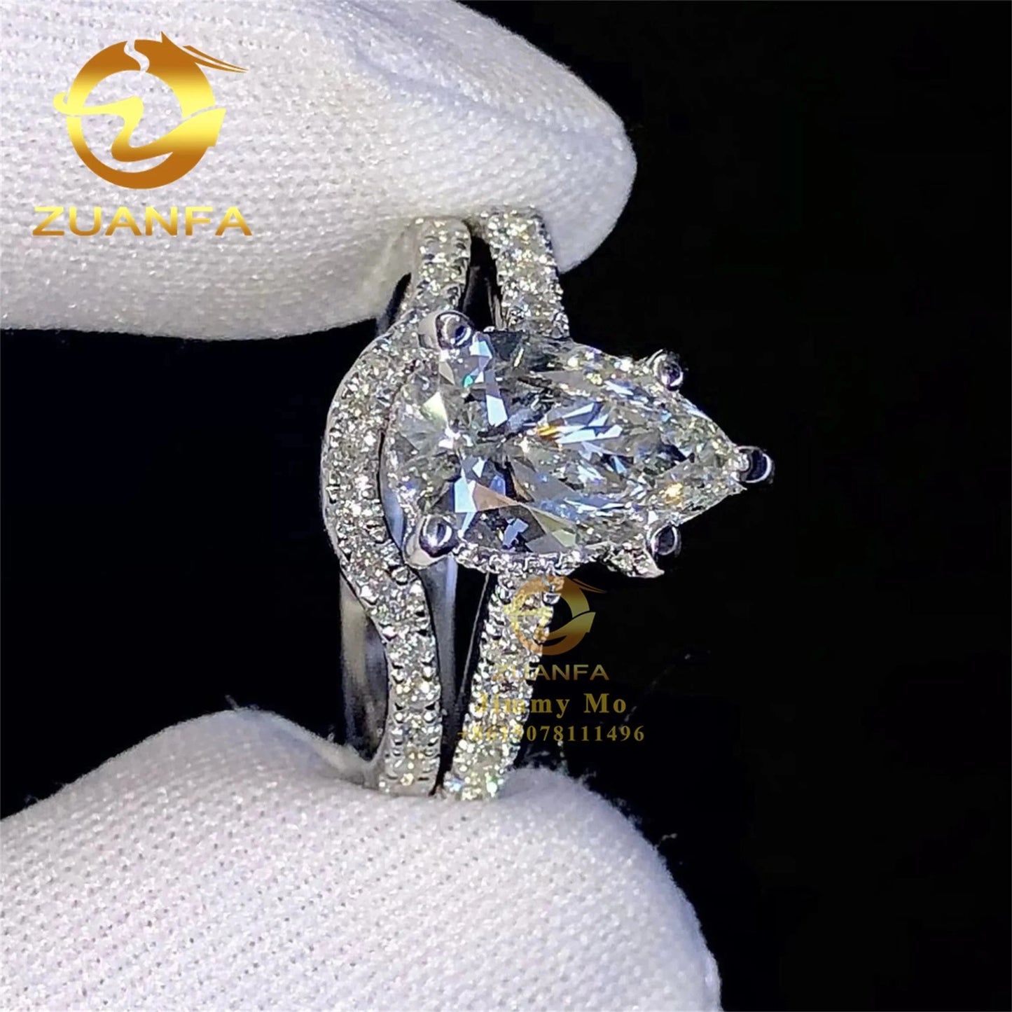 7.5 / 10k real gold 3ct Pear+ band ring Wedding Bridal Jewelry Gorgeous Boutique 3CT Pear Diamond  10k 14k Solid White Gold VVS1Moissanite Diamond Engagement Ring Women