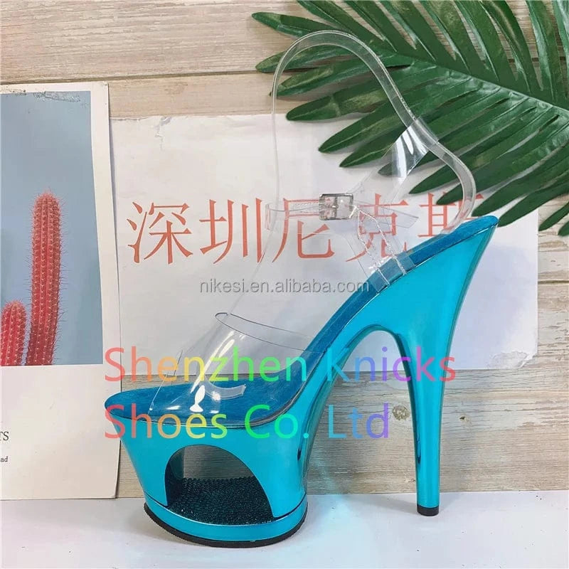 7 / Blue 7inch-17cm Flat Sandals high heel flash water drill hollow out waterproof platform sexy nightclub platform steel Heeled Sandals