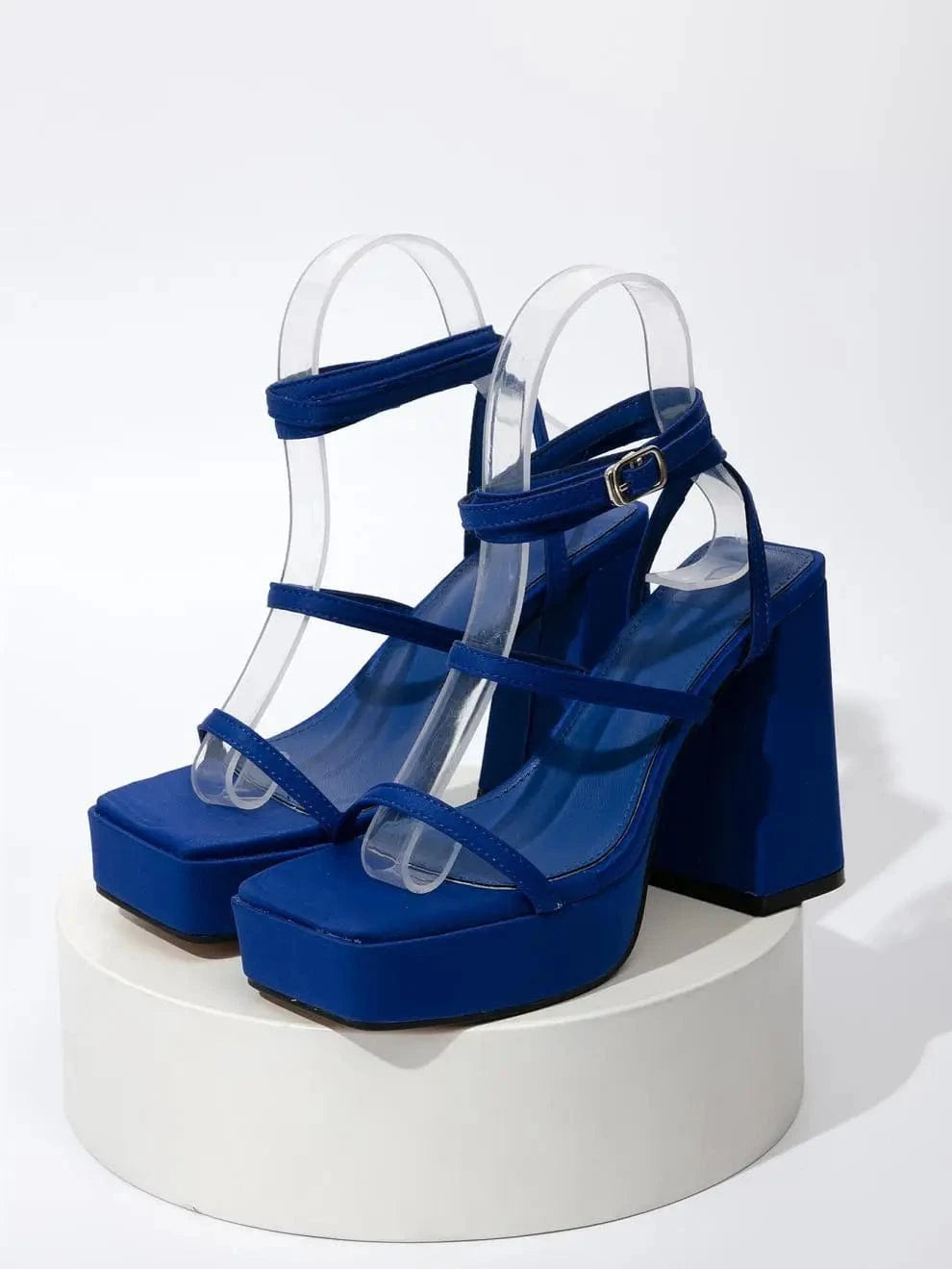 7 / Blue BUSY GIRL XSD3035 Designer Women Heels Square Toe Ankle Strap Sexy Solid Color Large Size Platform Chunky High Heeled Sandals