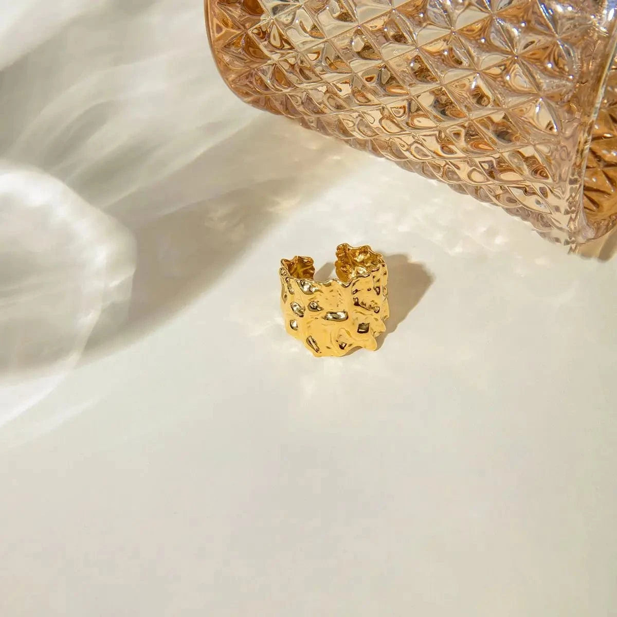 7 / Dainty / R2627 R2627 18K Gold Plated Stainless Steel Hammered Wide Band Open Ring