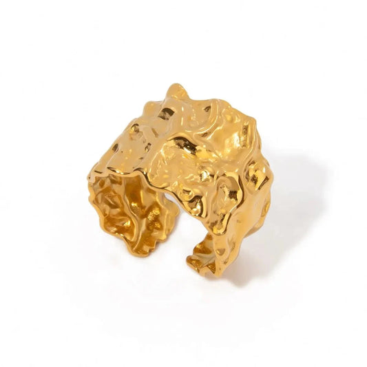 7 / Dainty / R2627 R2627 18K Gold Plated Stainless Steel Hammered Wide Band Open Ring