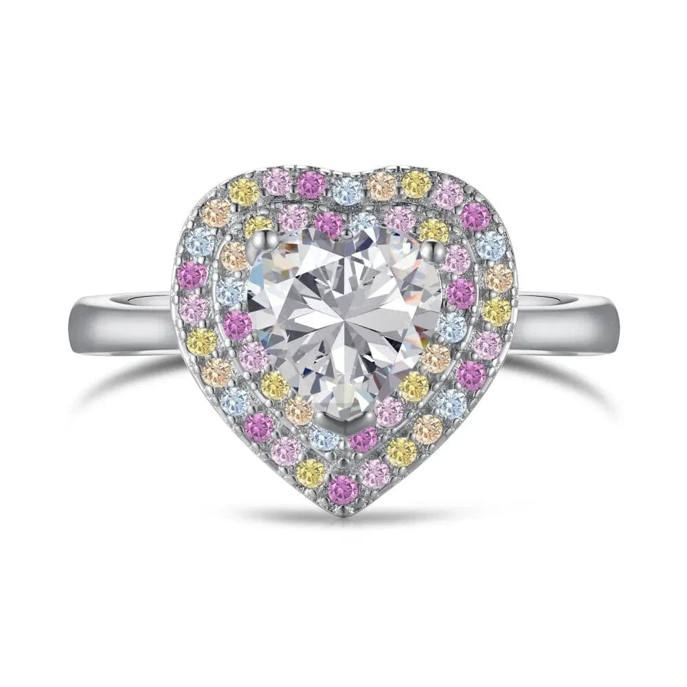 7 / DY120802-S-W-WH Dylam Sparkling Heart Shape S925 Sterling Silver Ring Band Rainbow Colorful Pink Diamond Cz Cubic Zirconia Rings Jewelry Women