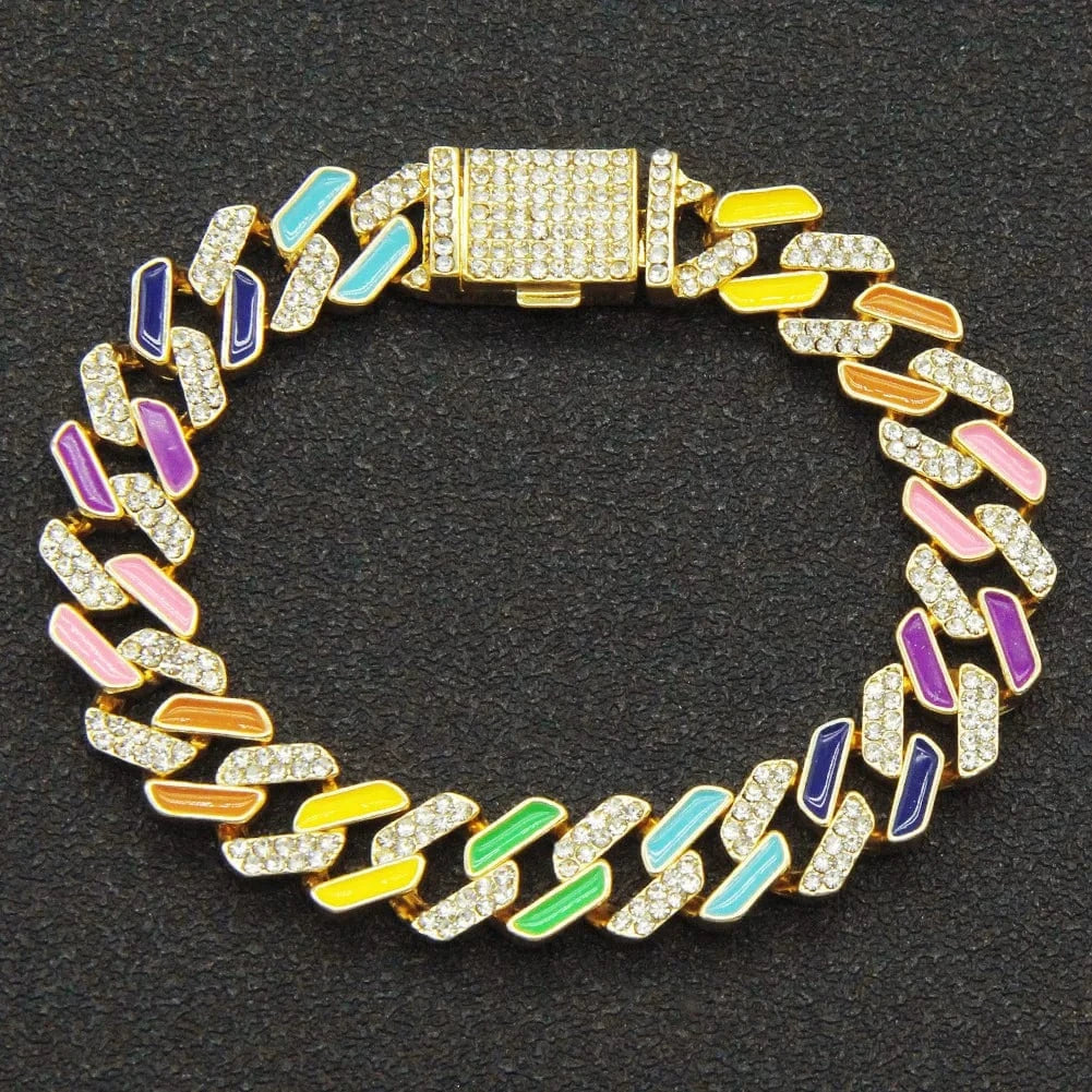 7 inches / Gold 2024 HIPSTER Cool hip-hop diamond-encrusted Oil Cuban chain Miami bracelet for Men women