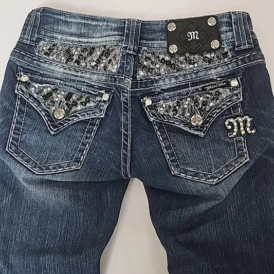 7 / L Gothic Womens Jeans Y2K Clothes Harajuku Hip Hop Pocket Embroidery Vintage Blue Baggy Jeans High Waist Slim Flared Trousers