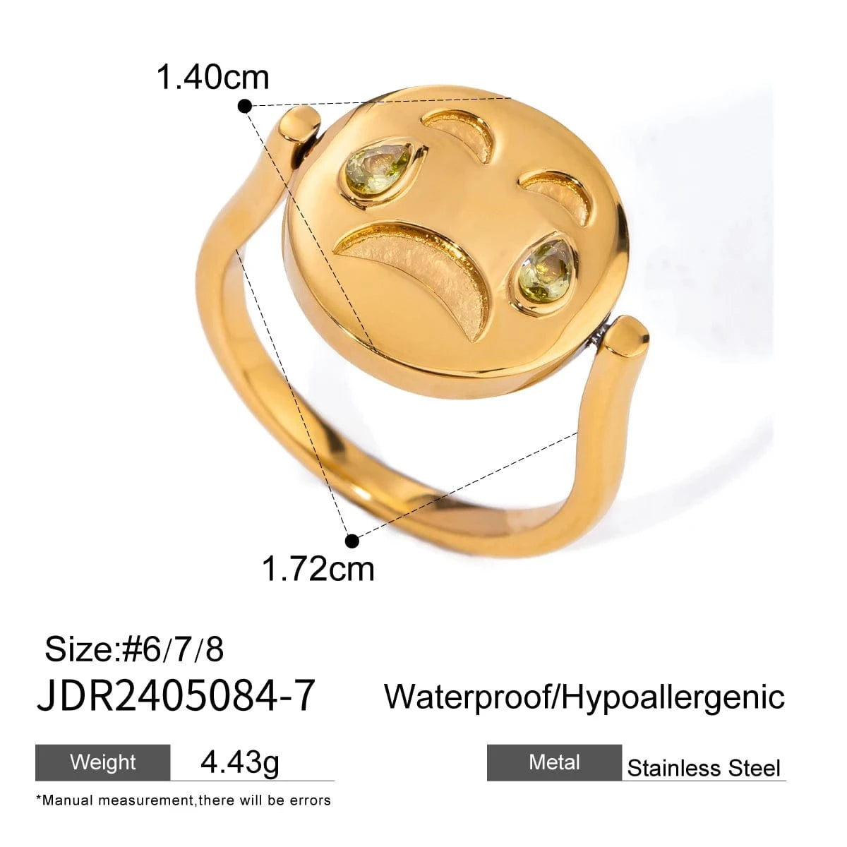 7 / minimalist / R2500 R2500 Funny Cute Stainless Steel 18K Gold Rings Reversible Round Crying Smiley Face Ring With Zirconia