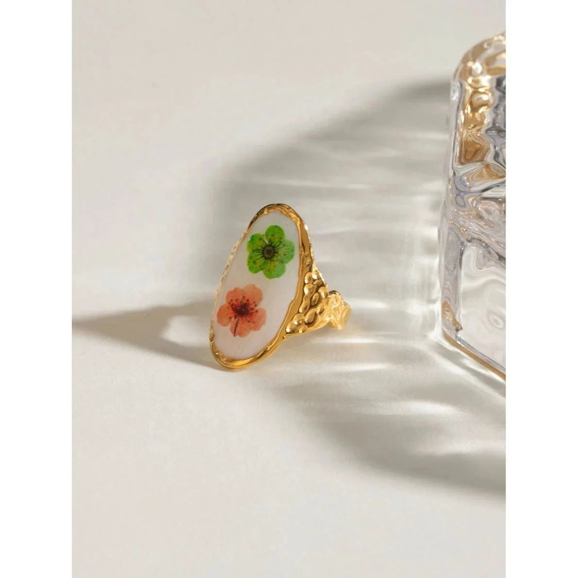 7 / minimalist / R2522 R2522 Vintage 18K Gold Rings Stainless Steel Long Oval Orange And Green Plum Blossom Enamel Open Rings
