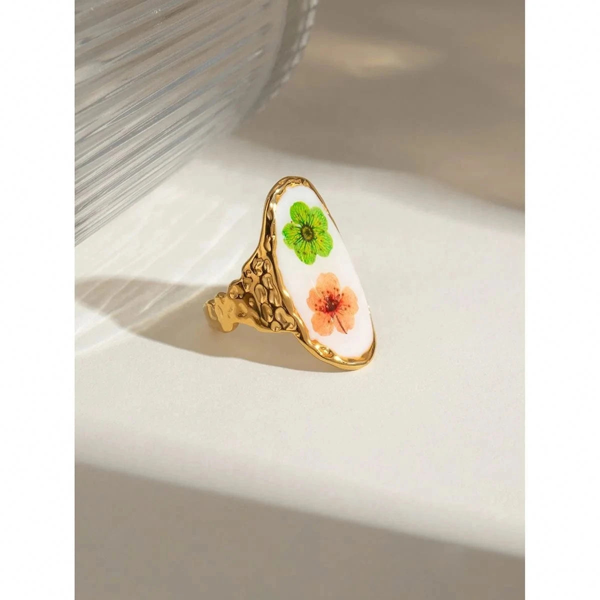 7 / minimalist / R2522 R2522 Vintage 18K Gold Rings Stainless Steel Long Oval Orange And Green Plum Blossom Enamel Open Rings