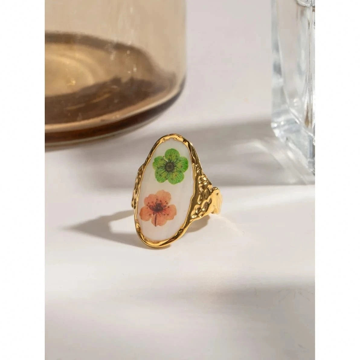 7 / minimalist / R2522 R2522 Vintage 18K Gold Rings Stainless Steel Long Oval Orange And Green Plum Blossom Enamel Open Rings