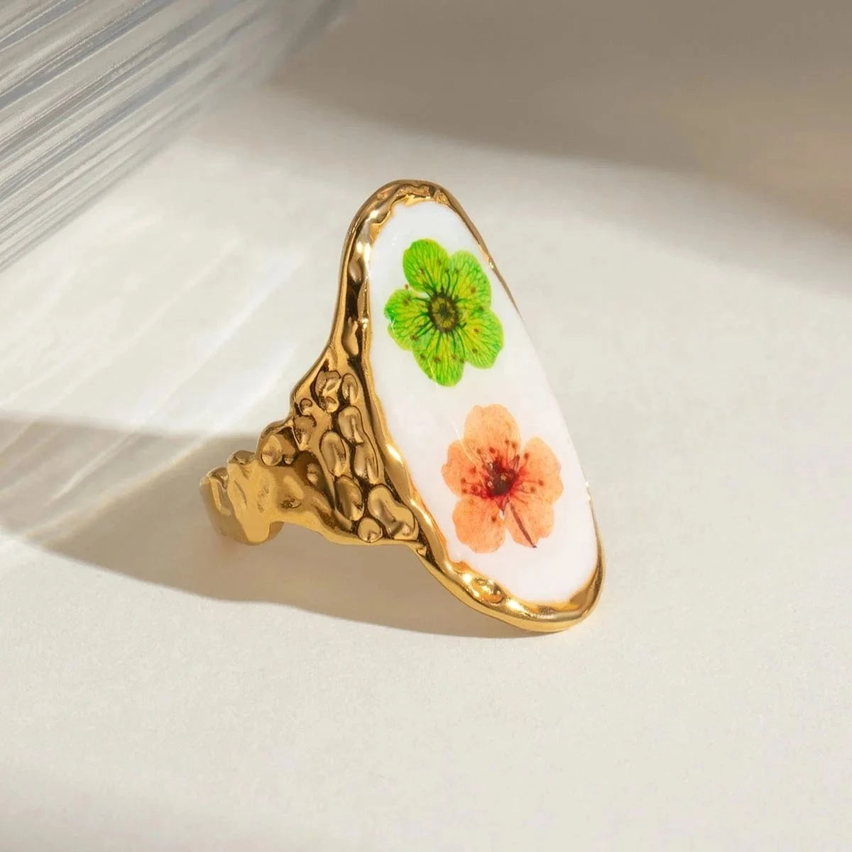 7 / minimalist / R2522 R2522 Vintage 18K Gold Rings Stainless Steel Long Oval Orange And Green Plum Blossom Enamel Open Rings