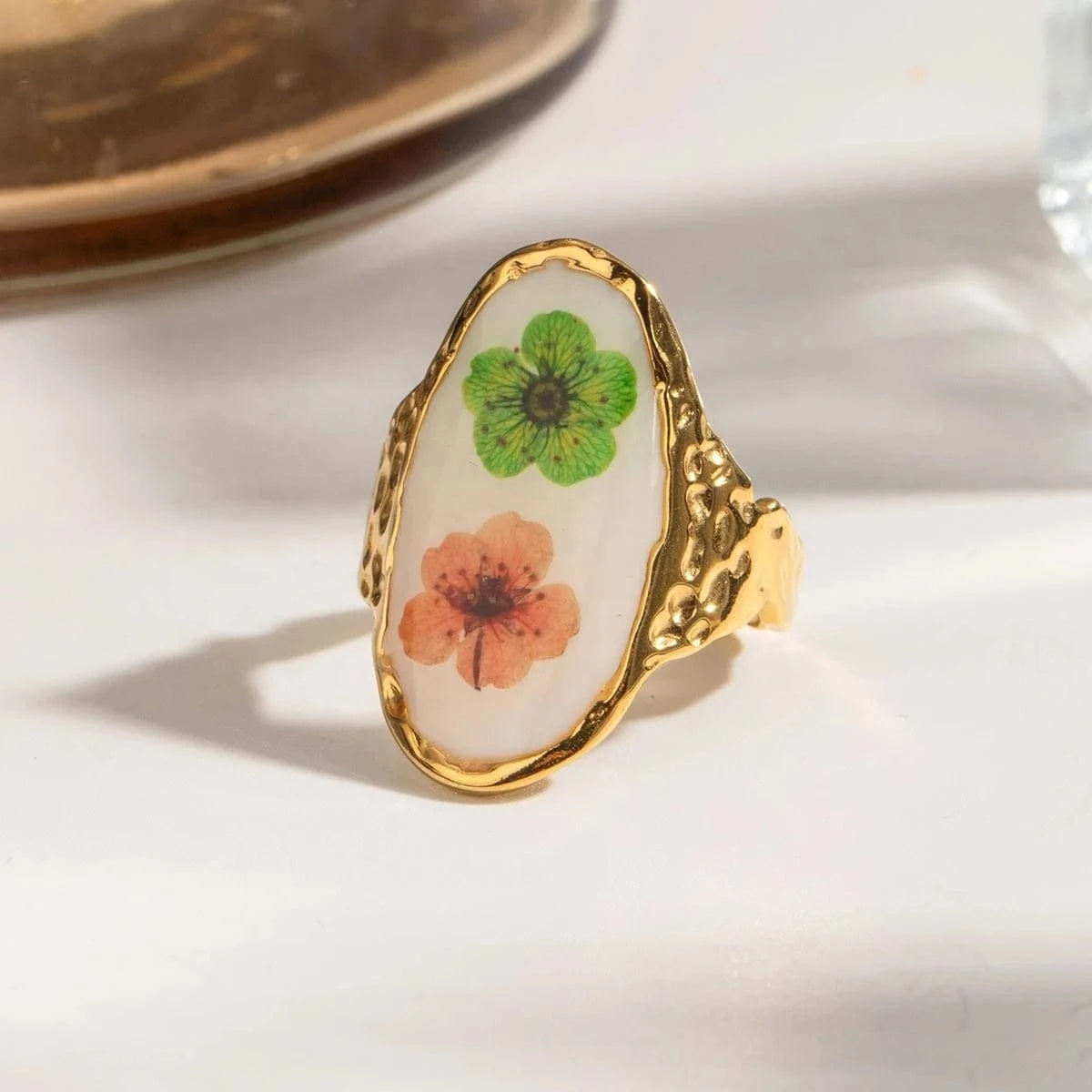 7 / minimalist / R2522 R2522 Vintage 18K Gold Rings Stainless Steel Long Oval Orange And Green Plum Blossom Enamel Open Rings
