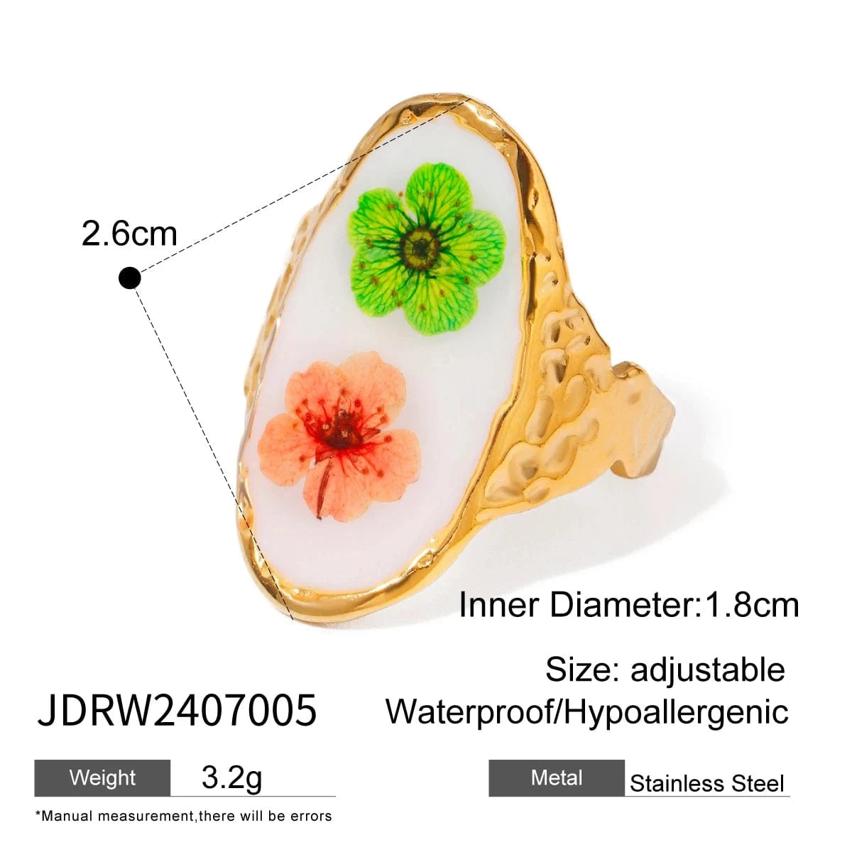 7 / minimalist / R2522 R2522 Vintage 18K Gold Rings Stainless Steel Long Oval Orange And Green Plum Blossom Enamel Open Rings