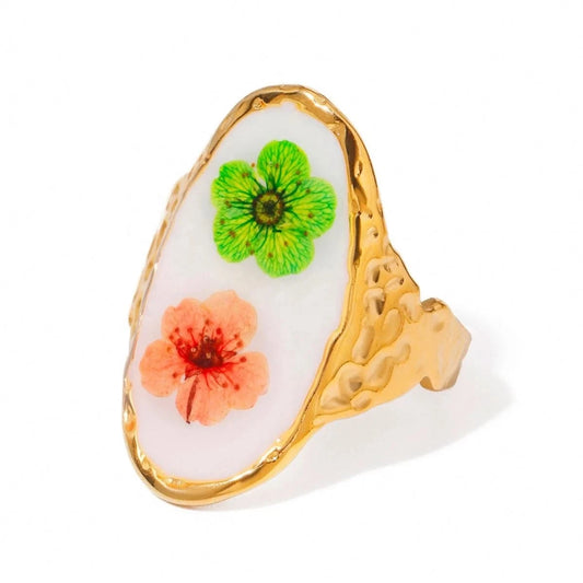 7 / minimalist / R2522 R2522 Vintage 18K Gold Rings Stainless Steel Long Oval Orange And Green Plum Blossom Enamel Open Rings
