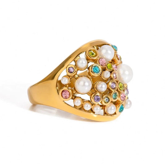 7 / minimalist / R2526 R2526 Vintage Luxury Stainless Steel 18K Gold Rings Fashion Jewelry Multicolor Rhinestone Pearl Rings