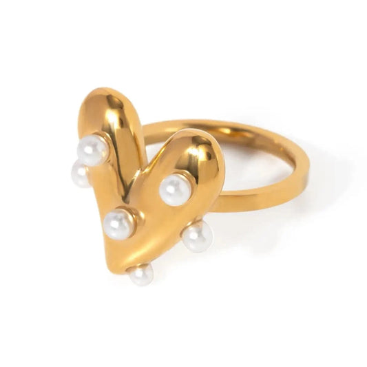 7 / minimalist / R2629 R2629 Dainty 18K Gold Pearl Rings Waterproof Stainless Steel Women Jewelry Heart Pearl Open Rings