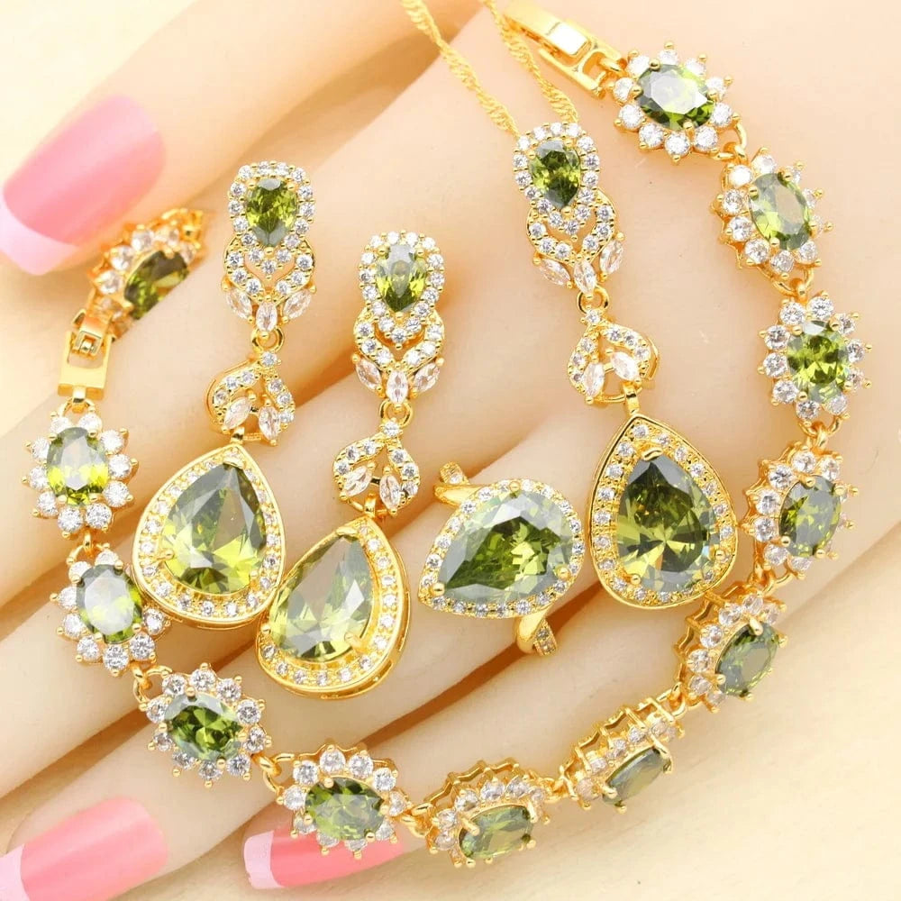 7 / Olive Green 4pcs 2023 New Gold Color Jewelry Sets For Women Wedding White Zircon Bracelet Earrings Necklace Pendant Ring Gift