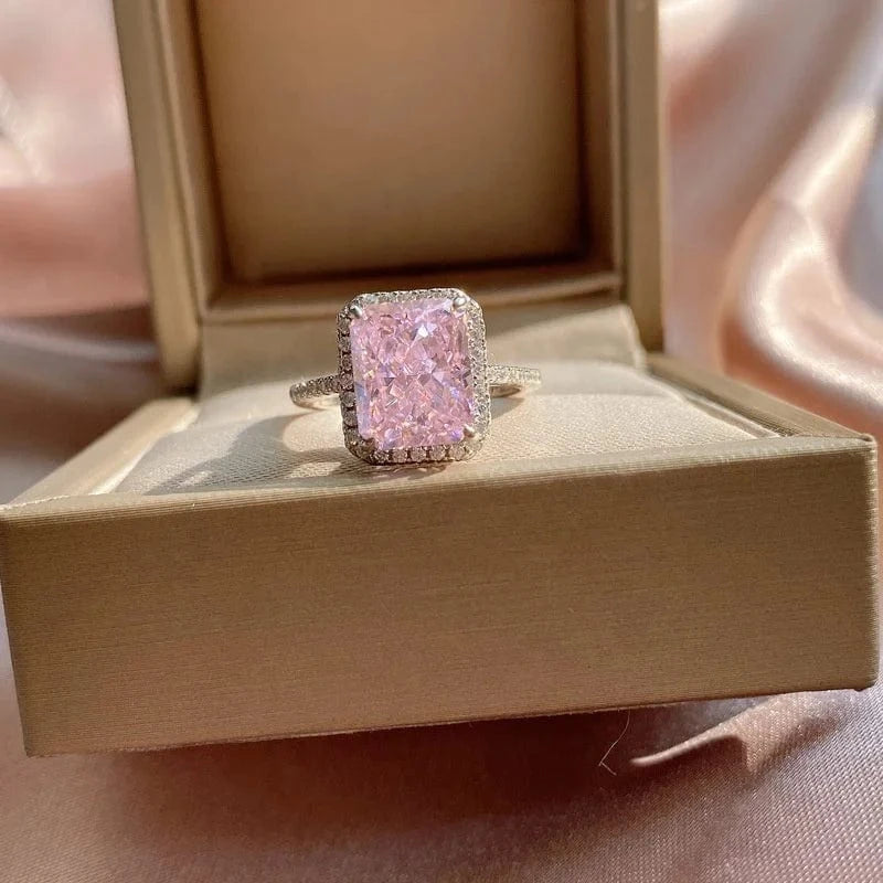 7 / Pink Princess Cut Citrine Ring Diamond Radiant Cut CZ Engagement Ring 925 Sterling Silver Cubic Zirconia 4 Ct 8*10mm Women's CLASSIC