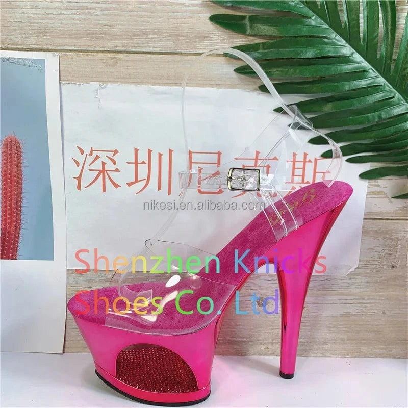 7 / Plum 7inch-17cm Flat Sandals high heel flash water drill hollow out waterproof platform sexy nightclub platform steel Heeled Sandals