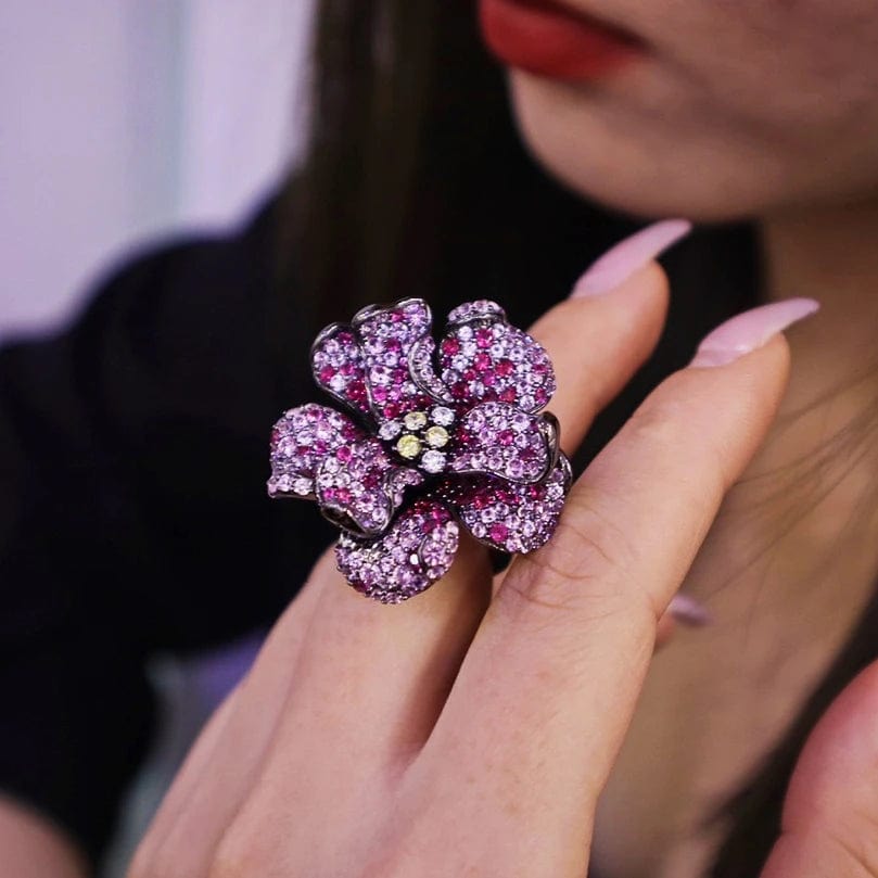 7 / Purple New Natural Flower Diamond Adjustable Opening Ring Handmade 925 Sterling Silver Jewelry for Women