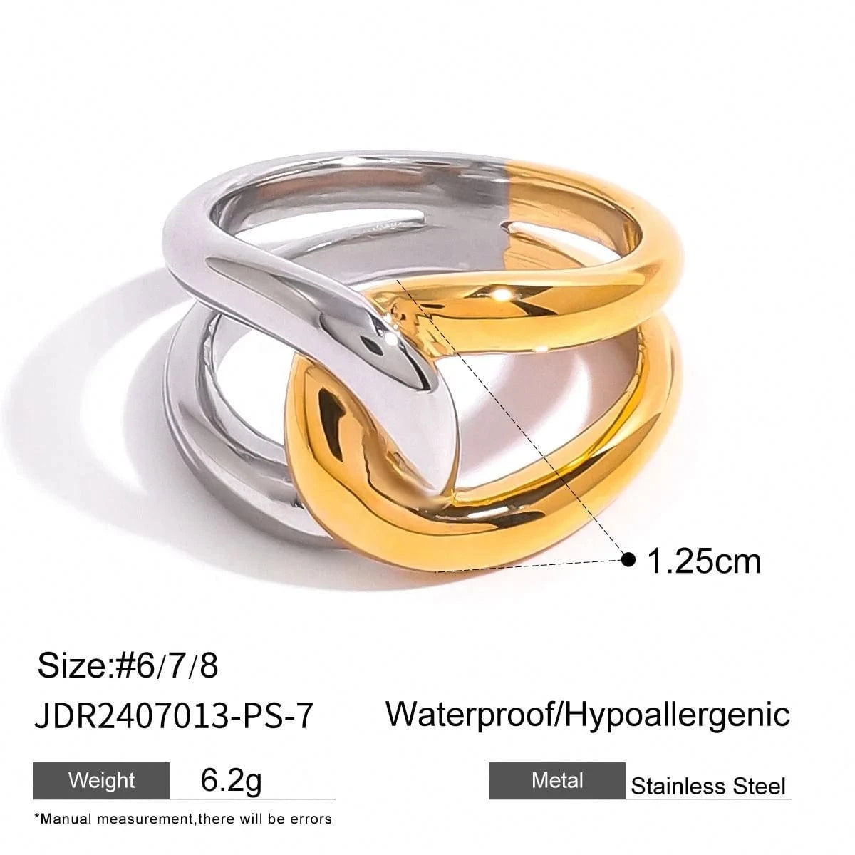 7 / R2469 R2469 18K Gold PVD Plated Stainless Steel Ring Men Women Two Tone Color Matching Irregular Winding Ring No. 7