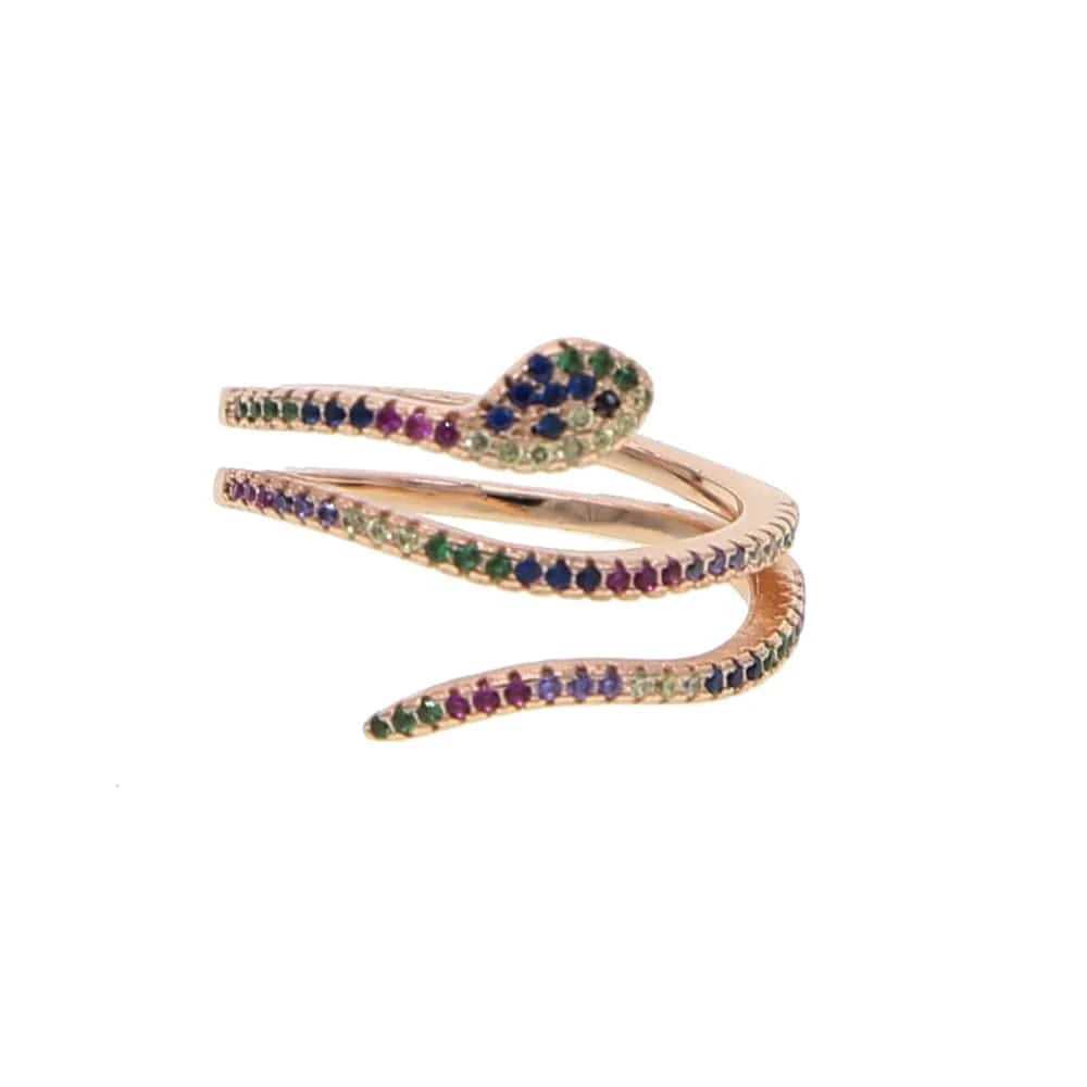 7 / R358-Rose gold Top Quality Open Size 7 Rainbow Colorful Cubic Zirconia Multi Wrap Women Cute Full Finger Snake Shaped Ring Fashion Jewelry