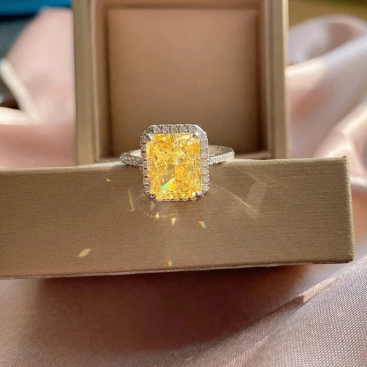7 / Yellow 2024 Princess Cut Citrine Ring Diamond Radiant Cut CZ Engagement Ring 925 Sterling Silver Cubic Zirconia 4 Ct 8*10mm Women's CLASSIC