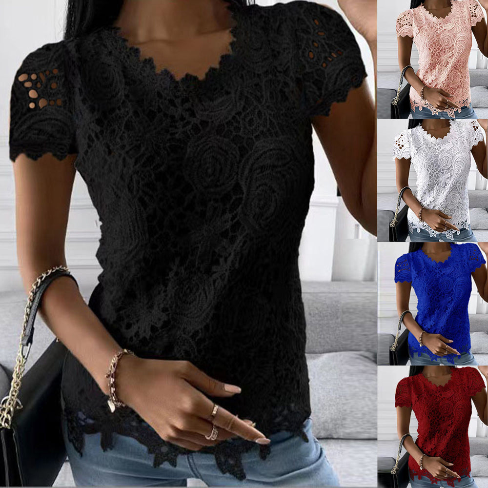 Womens Lace Round Neck Tops T-Shirts Ladies Summer Casual Short Sleeve Blouse Pullover Fashion Clothing For
