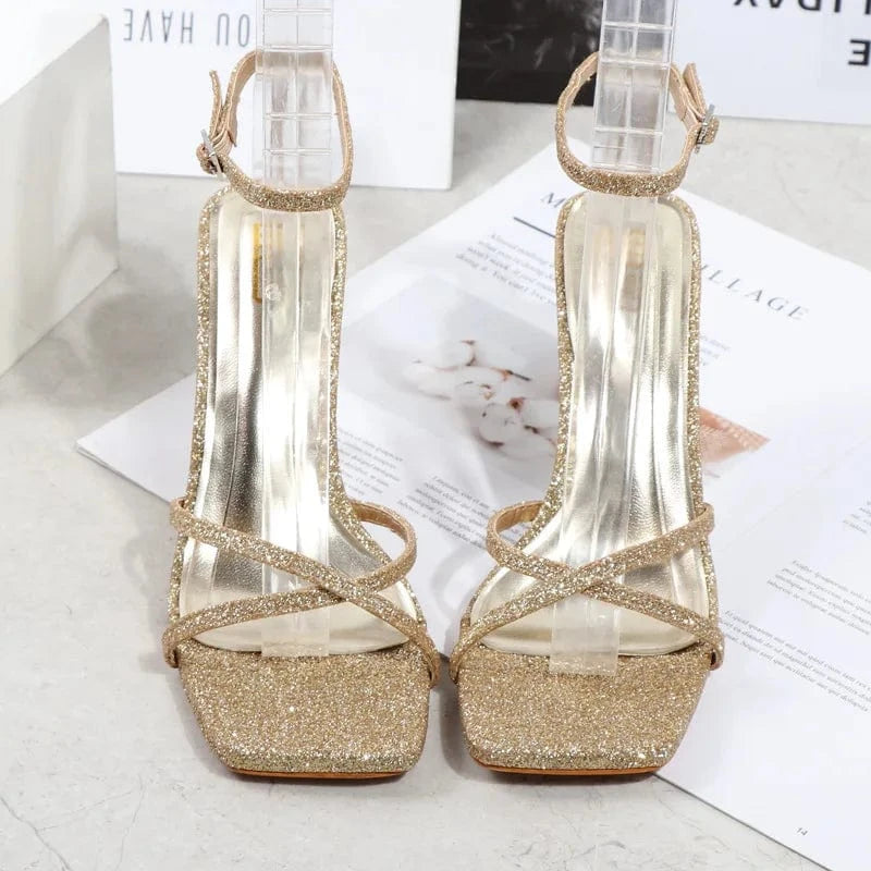 7272-3 Fashion Women Summer High Heel Pumps Female Square-toe Sequins Cross-tie Stilettos Ladies Outside Party Banquet Sandals