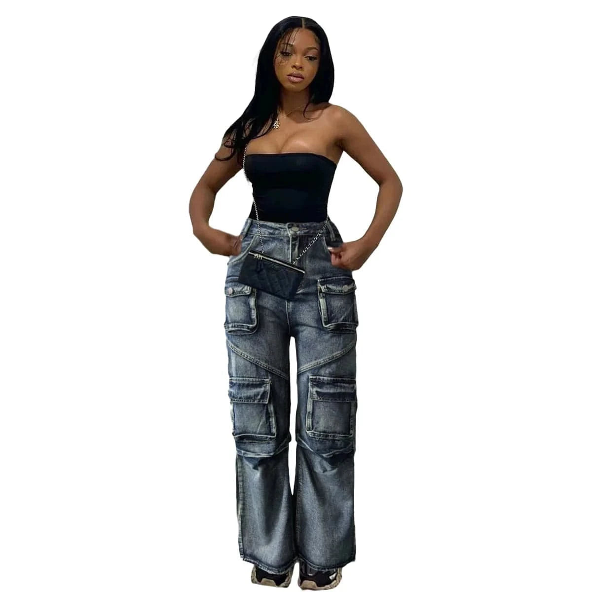 77642 Casual Solid Patchwork Pocket High Waist Straight Quick Dry Light Wash Denim Jeans Skinny Pencil Pants Style