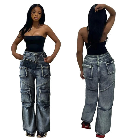 77642 Casual Solid Patchwork Pocket High Waist Straight Quick Dry Light Wash Denim Jeans Skinny Pencil Pants Style