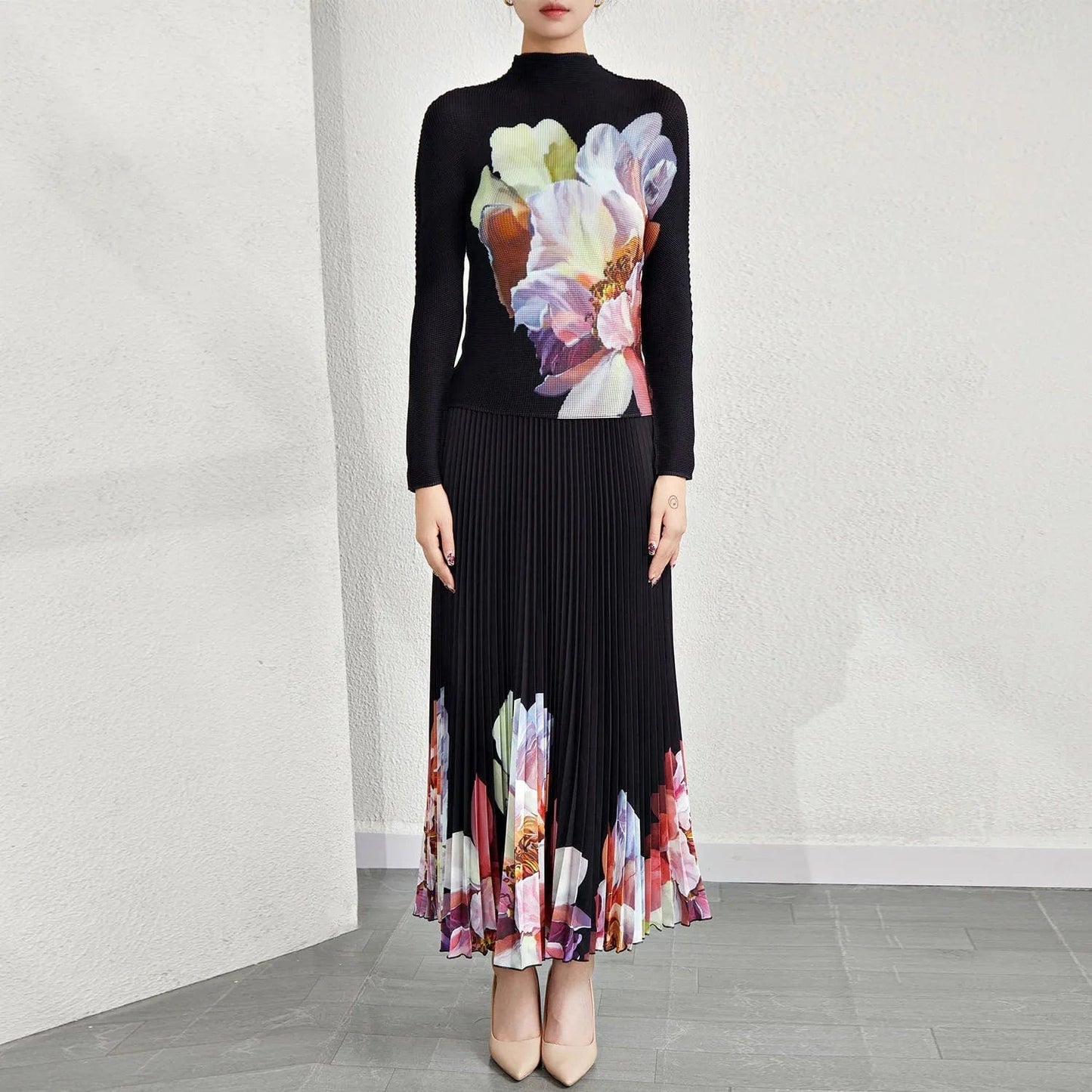 78cm / Black 2024 Latest Pattern High Quality Women Elastic Stretch Free Size Fashion Print Womens 2 Piece Outfit Two Piece Sets