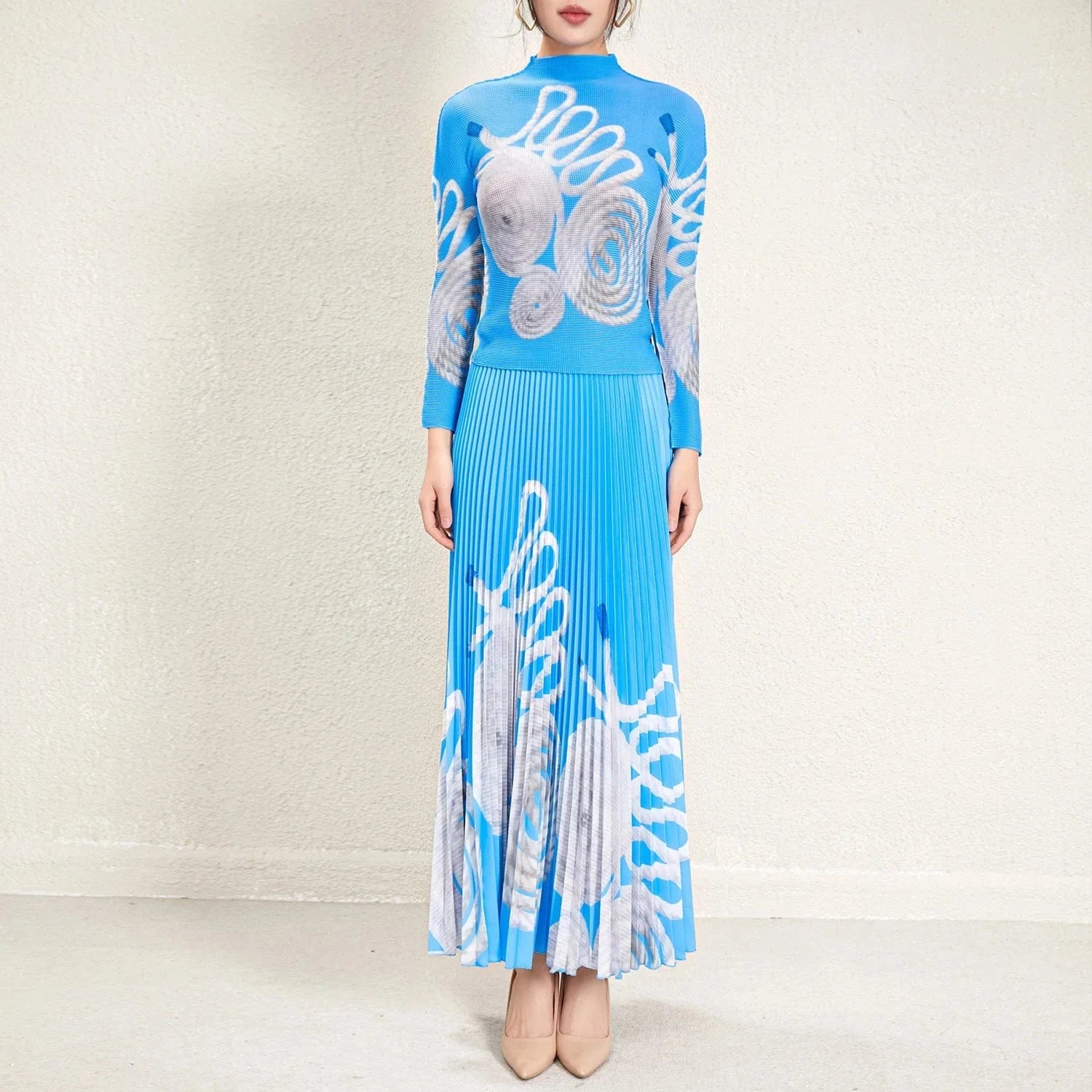 78cm / Light Blue 2024 Miyake Pleated Skirt Two-piece Set Fashionable Long-sleeved Women's Elegant Print Accept Customized Women's Two-piece Set
