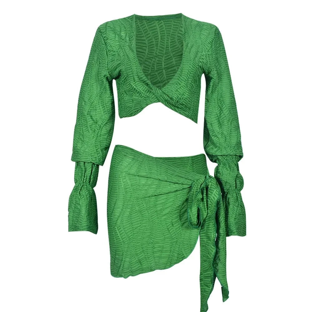 7960sg Hot Sale 2024 Autumn New Women 2p Outfit Irregular Flared Sleeve Crop Tops Skirt Suit Women Two Piece Skirt Set