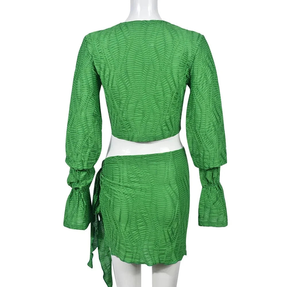 7960sg Hot Sale 2024 Autumn New Women 2p Outfit Irregular Flared Sleeve Crop Tops Skirt Suit Women Two Piece Skirt Set